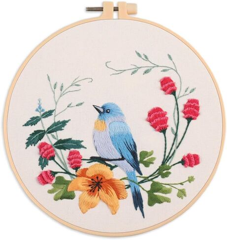 Meecaa Bird Flower Animal Embroidery Kit Starter Set, Hand Embroidery Set,Pattern Printed Cross Stitch Set for Beginner Adults, with Embroidery Hoop and Instructions (Bird 1) in Saudi Arabia