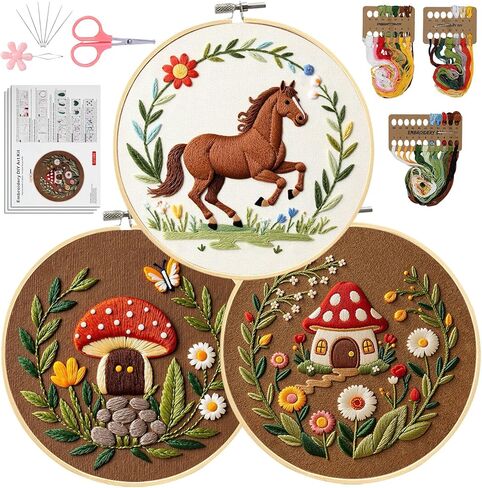 Santune 3 Pack Embroidery Kit Cross Stitch Needlepoint Kits for Beginners Adult Needle Point Sets with Mushroom & Horse Embroidery Patterns, Includes Step-By-Step Instructions & Accessories in Saudi Arabia