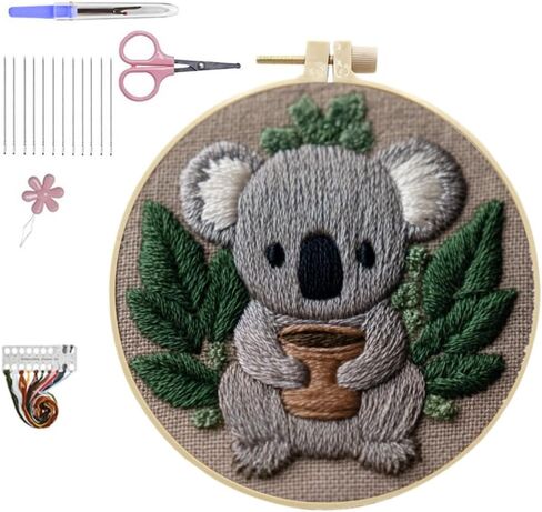 HCANPER Cute Koala Embroidery Starter Kit,DIY Needle Punch Kit, Punch Needle Kits for Beginners,Include Pre-Printed Fabric,Tools,Embroidery Hoop,Threads. (Coffee) in Saudi Arabia