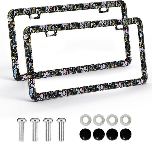 2PCS Floral License Plate Frames for Women & Men, Stainless Steel Decorative License Plate Holder, Colorful Flower Car Accessories, Rust-Proof Universal Fit for Standard U.S. Plates in Saudi Arabia
