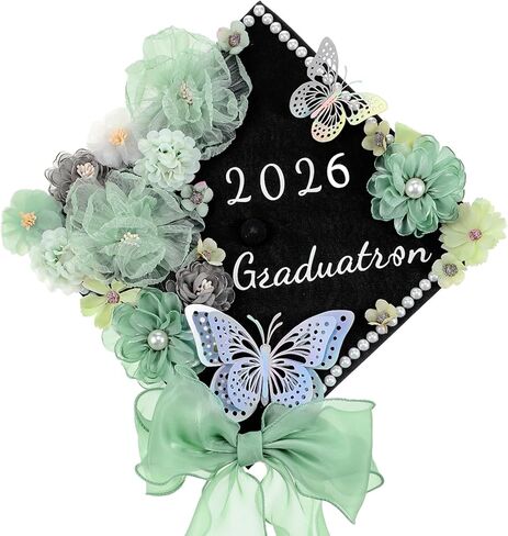 35 Pcs DIY Graduation Cap Decorations Accessory Kit, 3D Artificial Flowers, Butterfly & Alphabet Letter Stickers, Pearl Stickers, Bowknot for Grad Hats Decor(Green) in Kuwait