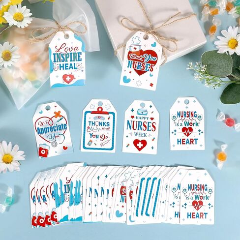 Konsait Nurse Week Gift Tags, 60 Pack Happy Nurses Week Tags with String, Nurses Appreciation Week Gift Wrapping Accessories & Labels, DIY Crafts in Kuwait