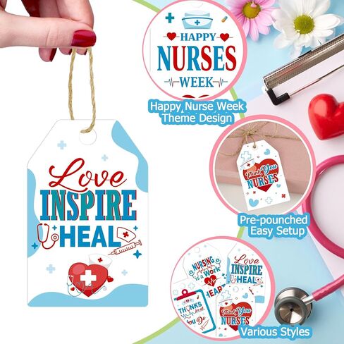 Konsait Nurse Week Gift Tags, 60 Pack Happy Nurses Week Tags with String, Nurses Appreciation Week Gift Wrapping Accessories & Labels, DIY Crafts in Kuwait