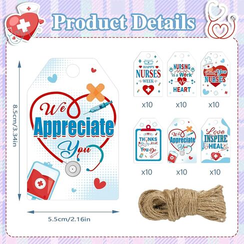 Konsait Nurse Week Gift Tags, 60 Pack Happy Nurses Week Tags with String, Nurses Appreciation Week Gift Wrapping Accessories & Labels, DIY Crafts in Kuwait