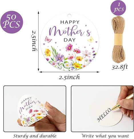 Whaline 50 Pcs Happy Mother’s Day Paper Gift Tags with 32.8 Ft Hemp Rope Round Wildflower Butterfly Hanging Label Tags for Mom’s Birthday DIY Craft Gift Wrapping Party Favor in Kuwait