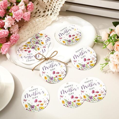 Whaline 50 Pcs Happy Mother’s Day Paper Gift Tags with 32.8 Ft Hemp Rope Round Wildflower Butterfly Hanging Label Tags for Mom’s Birthday DIY Craft Gift Wrapping Party Favor in Kuwait