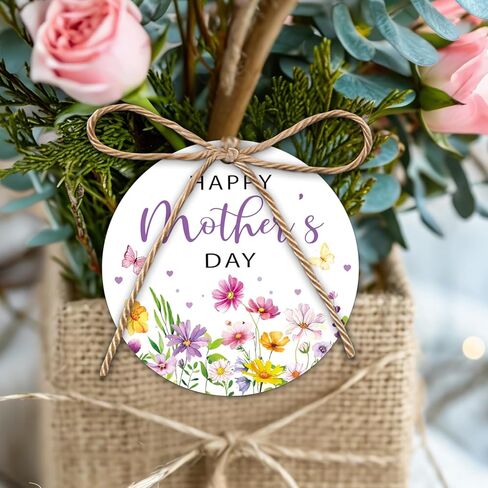 Whaline 50 Pcs Happy Mother’s Day Paper Gift Tags with 32.8 Ft Hemp Rope Round Wildflower Butterfly Hanging Label Tags for Mom’s Birthday DIY Craft Gift Wrapping Party Favor in Kuwait