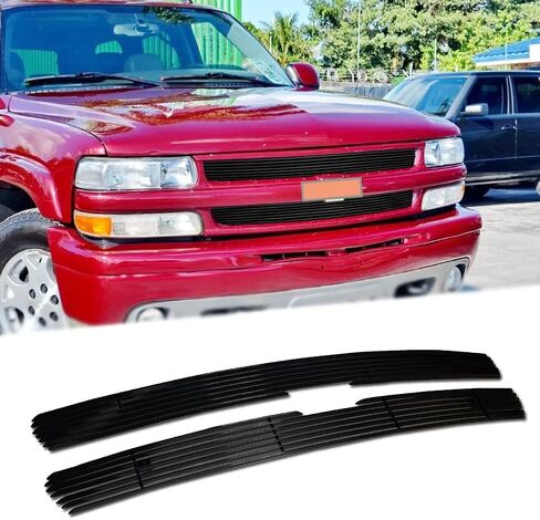 شواية سوداء تناسب 1999-2002 Silverado 1500 & 99-00 2500 3500 & 2000-06 Suburban Tahoe شبكة أمامية من الألومنيوم الصلب 2 قطعة (ألومنيوم أسود) in Kuwait