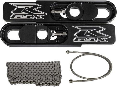 2003 GSXR 1000 Swingarm Extensions Black Engraved 4.5-9" Stretch with 36" Extended Brake Line and 530 x 150 Link Chain - Made in the USA in Saudi Arabia