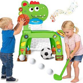 4-in-1 Toddler Basketball Hoop Soccer Goal with Golf Game and Ring Toss, Dinosaur Toys for 1 2 3 Year Old Babies Boys Girls, Kids Sports Toy with Light Sound Music, Xmas Birthday Gifts for Toddlers in Kuwait