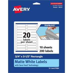 ملصقات مستطيلة بيضاء غير لامعة من Avery TrueBlock، تقنية Sure Feed، 0.75 بوصة × 3.5 بوصة، 200 ملصق أبيض غير لامع، طباعة إلى الحافة، قابلة للطباعة بالليزر/النافثة للحبر، رائعة للتغليف وتجارة المنتجات in Kuwait