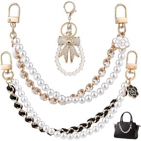 4-Piece Purse Charm Set — 2 Pearl Chains, White Rhinestone Bow Keychain & Gold-Tone Bag Chain, Cute Bag Charms for Handbags, Wallets & Crossbody Bags in Saudi Arabia