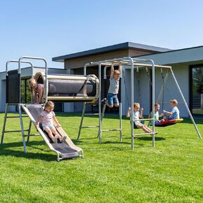 Hapfan 660lbs Swing Set with Slide,Crawl Tunnel and Monkey Bars for Backyard,5 in 1 Metal Swingset Outdoor for Kids Aged 3-12 (Grey & Brown) in Kuwait