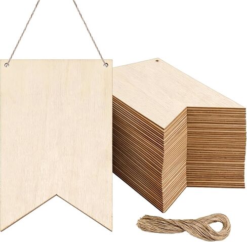 50 Pack Unfinished Blank Wood Signs Wooden Blocks for Crafts with Hemp Rope Wood Cutouts Plaques Flag Ornament for DIY Crafts Painting Writing Wall Decorations in Saudi Arabia