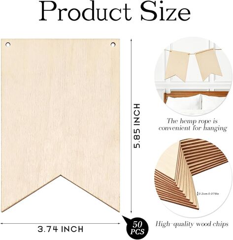 50 Pack Unfinished Blank Wood Signs Wooden Blocks for Crafts with Hemp Rope Wood Cutouts Plaques Flag Ornament for DIY Crafts Painting Writing Wall Decorations in Saudi Arabia