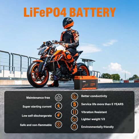 EBL YTZ10S-BS Lithium LiFePO4 Motorcycle Battery, 12V 6Ah 180CCA Powersports Battery for ATV, UTV, PWC, Jet Ski, Scooter, Riding Lawn Mower, Generator & Polaris in Kuwait