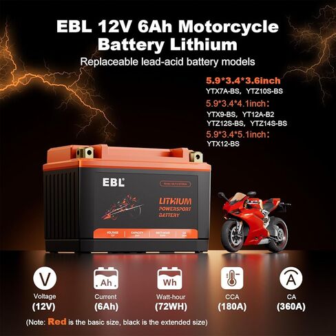 EBL YTZ10S-BS Lithium LiFePO4 Motorcycle Battery, 12V 6Ah 180CCA Powersports Battery for ATV, UTV, PWC, Jet Ski, Scooter, Riding Lawn Mower, Generator & Polaris in Kuwait
