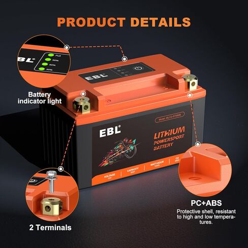 EBL YTZ10S-BS Lithium LiFePO4 Motorcycle Battery, 12V 6Ah 180CCA Powersports Battery for ATV, UTV, PWC, Jet Ski, Scooter, Riding Lawn Mower, Generator & Polaris in Kuwait