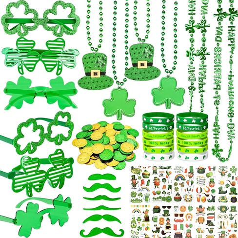 160Pcs St. Patrick's Day Party Favor Set, St Patricks Day Decorations with Shamrock Glasses, Necklaces, Bracelets, Tattoo Stickers, Mustaches, Lucky Coins for Irish Accessories Party Supplies in Saudi Arabia