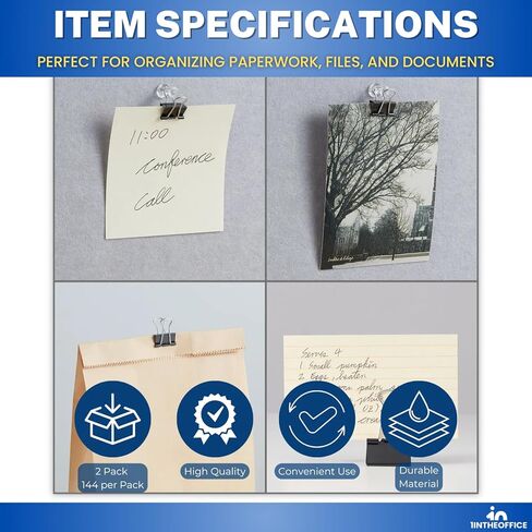 1InTheOffice Mini Binder Clips، مشابك للورق، مشبك ورق، مشابك معدنية، 0.6 بوصة، أسود، 144 مشبك/عبوة - عبوتان in Kuwait