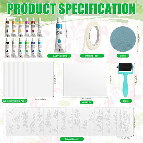 JAOJAO Gel Printing Kit, Gel Plate Plant Templates Acrylic Paints Auxiliary Tools and A5 Paper Experience A Surprising Creative Process for Card Making and Mixed Media Art Monotype Printing in Saudi Arabia