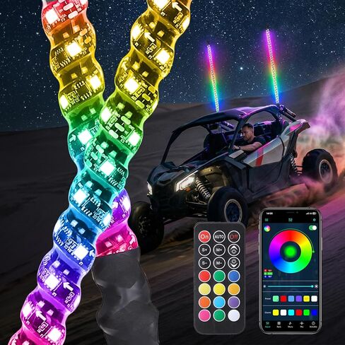 KEMIMOTO أضواء سوط حلزونية 3FT 2 قطعة 360 درجة RGB مطاردة أضواء التطبيق والتحكم عن بعد، متوافقة مع Polaris RZR، Can-Am X3، أضواء سوط LED جنبًا إلى جنب، UTV، ATV، قارب، 4 عجلات، شاحنة in Kuwait