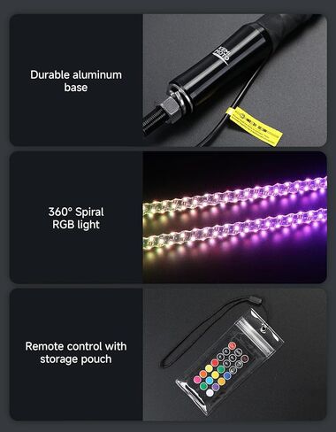 KEMIMOTO أضواء سوط حلزونية 3FT 2 قطعة 360 درجة RGB مطاردة أضواء التطبيق والتحكم عن بعد، متوافقة مع Polaris RZR، Can-Am X3، أضواء سوط LED جنبًا إلى جنب، UTV، ATV، قارب، 4 عجلات، شاحنة in Kuwait