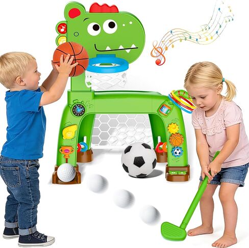 4-in-1 Toddler Basketball Hoop Soccer Goal with Golf Game and Ring Toss, Dinosaur Toys for 1 2 3 Year Old Babies Boys Girls, Kids Sports Toy with Light Sound Music, Xmas Birthday Gifts for Toddlers in Saudi Arabia