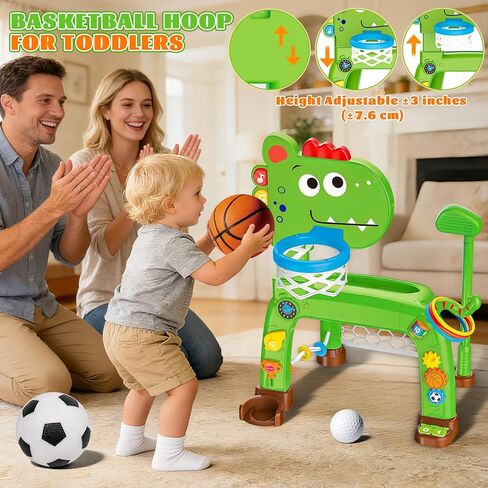 4-in-1 Toddler Basketball Hoop Soccer Goal with Golf Game and Ring Toss, Dinosaur Toys for 1 2 3 Year Old Babies Boys Girls, Kids Sports Toy with Light Sound Music, Xmas Birthday Gifts for Toddlers in Saudi Arabia