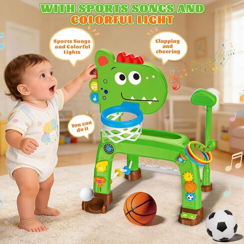 4-in-1 Toddler Basketball Hoop Soccer Goal with Golf Game and Ring Toss, Dinosaur Toys for 1 2 3 Year Old Babies Boys Girls, Kids Sports Toy with Light Sound Music, Xmas Birthday Gifts for Toddlers in Saudi Arabia