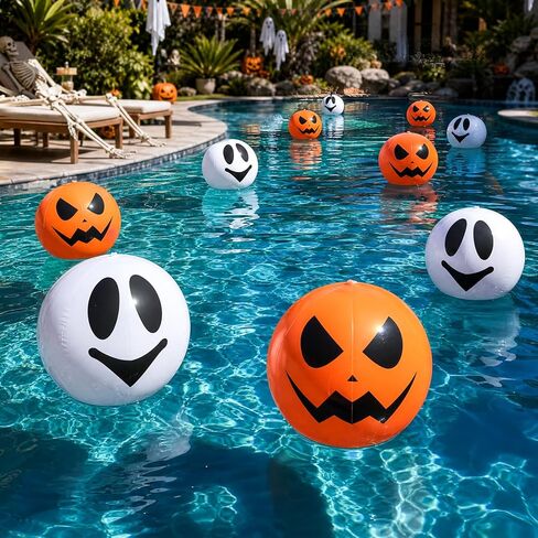 Apipi 10 Pcs Summer Halloween Beach Balls Bulk - 11 Inch Pumpkin & Ghost Inflatable Beach Ball 5 Each, Pool Party Decorations and Water Games for Halloween in Summer in Saudi Arabia