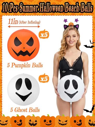 Apipi 10 Pcs Summer Halloween Beach Balls Bulk - 11 Inch Pumpkin & Ghost Inflatable Beach Ball 5 Each, Pool Party Decorations and Water Games for Halloween in Summer in Saudi Arabia
