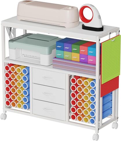 48 Vinyl Roll Holders for Cricut Cart, 32"W Large Craft Cart with 3 Fabric Drawer, Craft Organization and Storage Compatible with Cricut Maker Machine, Crafting Table Workstation, White,Patent Pending in Saudi Arabia
