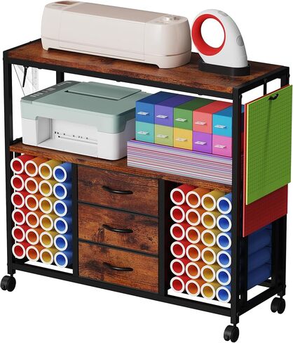 48 Vinyl Roll Holders for Cricut Cart, 32"W Large Craft Cart with 3 Fabric Drawer, Craft Organization and Storage Compatible with Cricut Maker Machine, Crafting Table Workstation, White,Patent Pending in Kuwait
