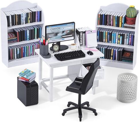 1:12 Scale Mini Desk Set with 100 Mini Books & 2 Bookshelves — Miniature Dollhouse Furniture Set with Office Chair, Computer & 15+ Accessories — Mini Desk Accessories for Doll House Diorama in Saudi Arabia