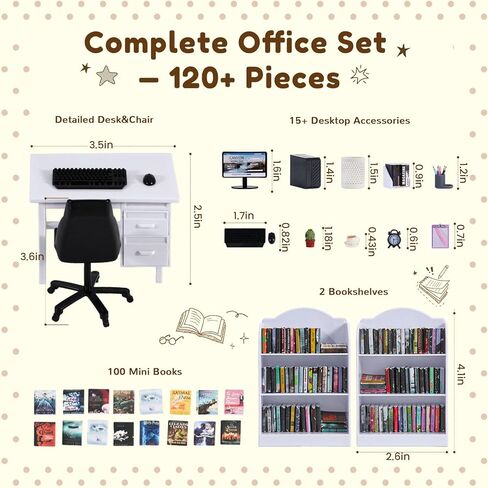 1:12 Scale Mini Desk Set with 100 Mini Books & 2 Bookshelves — Miniature Dollhouse Furniture Set with Office Chair, Computer & 15+ Accessories — Mini Desk Accessories for Doll House Diorama in Saudi Arabia