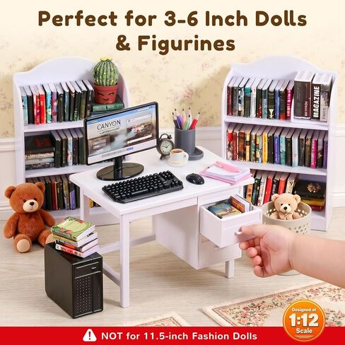 1:12 Scale Mini Desk Set with 100 Mini Books & 2 Bookshelves — Miniature Dollhouse Furniture Set with Office Chair, Computer & 15+ Accessories — Mini Desk Accessories for Doll House Diorama in Saudi Arabia