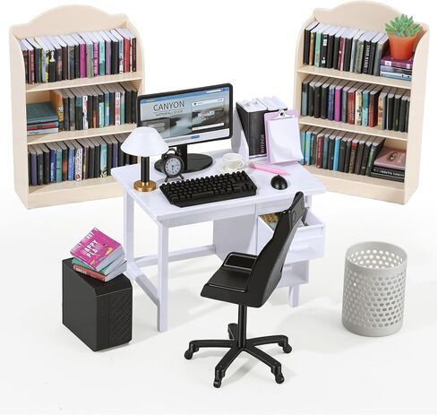1:12 Scale Mini Desk Set with 100 Mini Books & 2 Bookshelves — Miniature Dollhouse Furniture Set with Office Chair, Computer & 15+ Accessories — Mini Desk Accessories for Doll House Diorama in Saudi Arabia