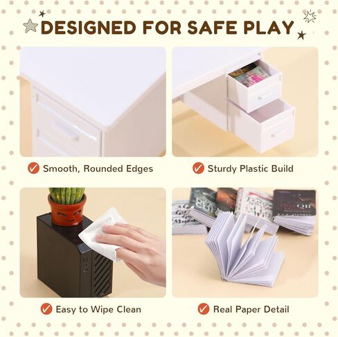 1:12 Scale Mini Desk Set with 100 Mini Books & 2 Bookshelves — Miniature Dollhouse Furniture Set with Office Chair, Computer & 15+ Accessories — Mini Desk Accessories for Doll House Diorama in Saudi Arabia
