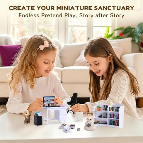 1:12 Scale Mini Desk Set with 100 Mini Books & 2 Bookshelves — Miniature Dollhouse Furniture Set with Office Chair, Computer & 15+ Accessories — Mini Desk Accessories for Doll House Diorama in Saudi Arabia