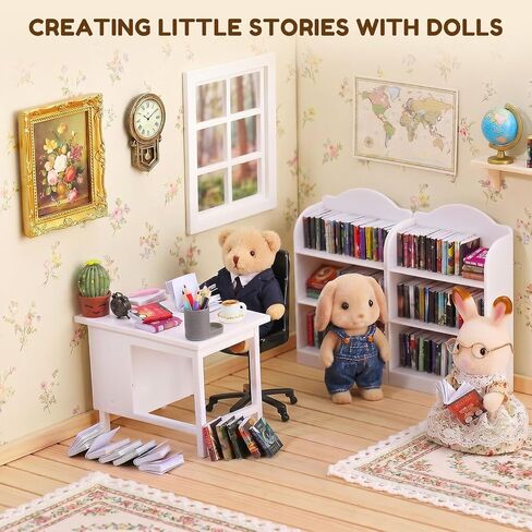 1:12 Scale Mini Desk Set with 100 Mini Books & 2 Bookshelves — Miniature Dollhouse Furniture Set with Office Chair, Computer & 15+ Accessories — Mini Desk Accessories for Doll House Diorama in Saudi Arabia