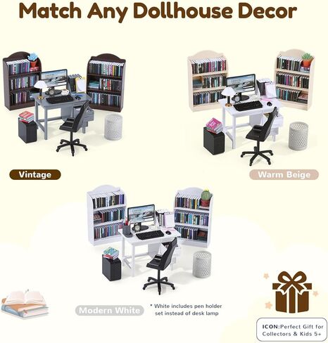 1:12 Scale Mini Desk Set with 100 Mini Books & 2 Bookshelves — Miniature Dollhouse Furniture Set with Office Chair, Computer & 15+ Accessories — Mini Desk Accessories for Doll House Diorama in Saudi Arabia