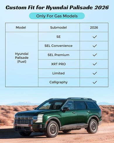 سجادات أرضية Hyundai Palisade 2026 (الغاز فقط، 7/8 مقعد)، بطانات أرضية مطاطية TPE تناسب جميع الأحوال الجوية مع بطانة حمولة وواقي خلفي للصف الثالث، لملحقات Hyundai Palisade 2026 in Kuwait