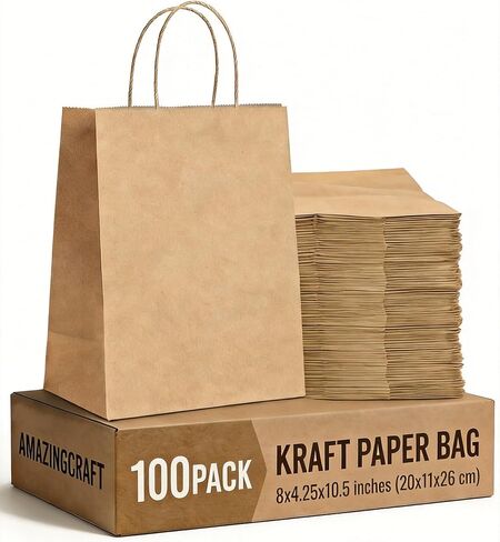أكياس هدايا Amazingcraft مقاس 8x4.25x10.5 100 قطعة من أكياس الورق البني مع مقابض كبيرة لحفلات الزفاف، هدايا الحفلات، البقالة، التسوق، البيع بالتجزئة، أكياس ورق كرافت متوسطة الحجم in Saudi Arabia