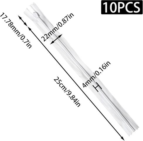 Funstreet 10 Pcs #3 Invisible Zippers, 10 Inch White Invisible Zippers for Sewing Clothes Pocket Pillow, Nylon Coil, White 10" Each in Saudi Arabia