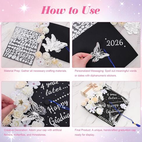 DIY Graduation Cap Decorations Kit Included Faux Flowers Self Adhesive Rhinestones Peal 3D Butterfly Glitter Alphabet Letter Stickers for 2026 Grad Cap Graduation Party Supplies in Kuwait