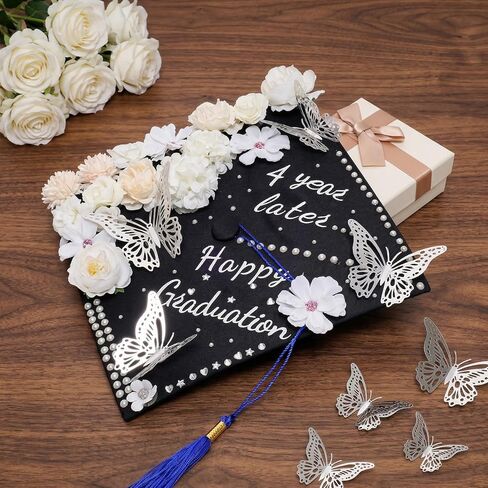 DIY Graduation Cap Decorations Kit Included Faux Flowers Self Adhesive Rhinestones Peal 3D Butterfly Glitter Alphabet Letter Stickers for 2026 Grad Cap Graduation Party Supplies in Kuwait