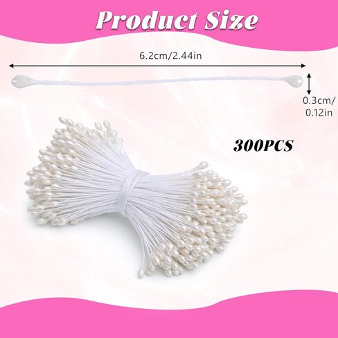 300 PCS Double Head Flower Stamens, 3mm Artificial Stamens for Flower Making, White Pistil Matt Pearl Floral Stamen for DIY Crafts Christmas Card Wedding Decoration(White) in Kuwait