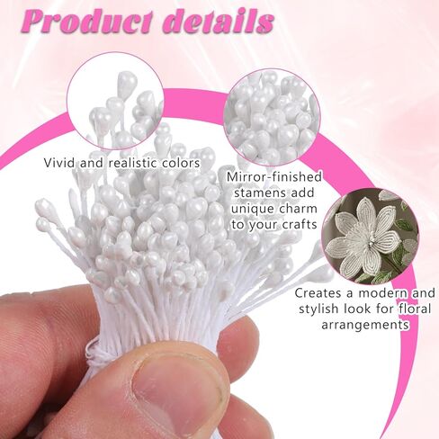 300 PCS Double Head Flower Stamens, 3mm Artificial Stamens for Flower Making, White Pistil Matt Pearl Floral Stamen for DIY Crafts Christmas Card Wedding Decoration(White) in Kuwait