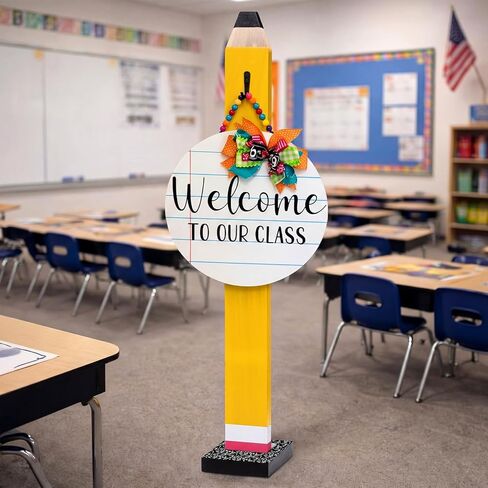 Thyle 32.5 Inch Back to School Pencil Decor with Notebook Base Giant Wooden Pencil Decoration Large Welcome to Our Class Photo Prop for First Day of School Preschool Kindergarten Teacher Party Decor in Kuwait